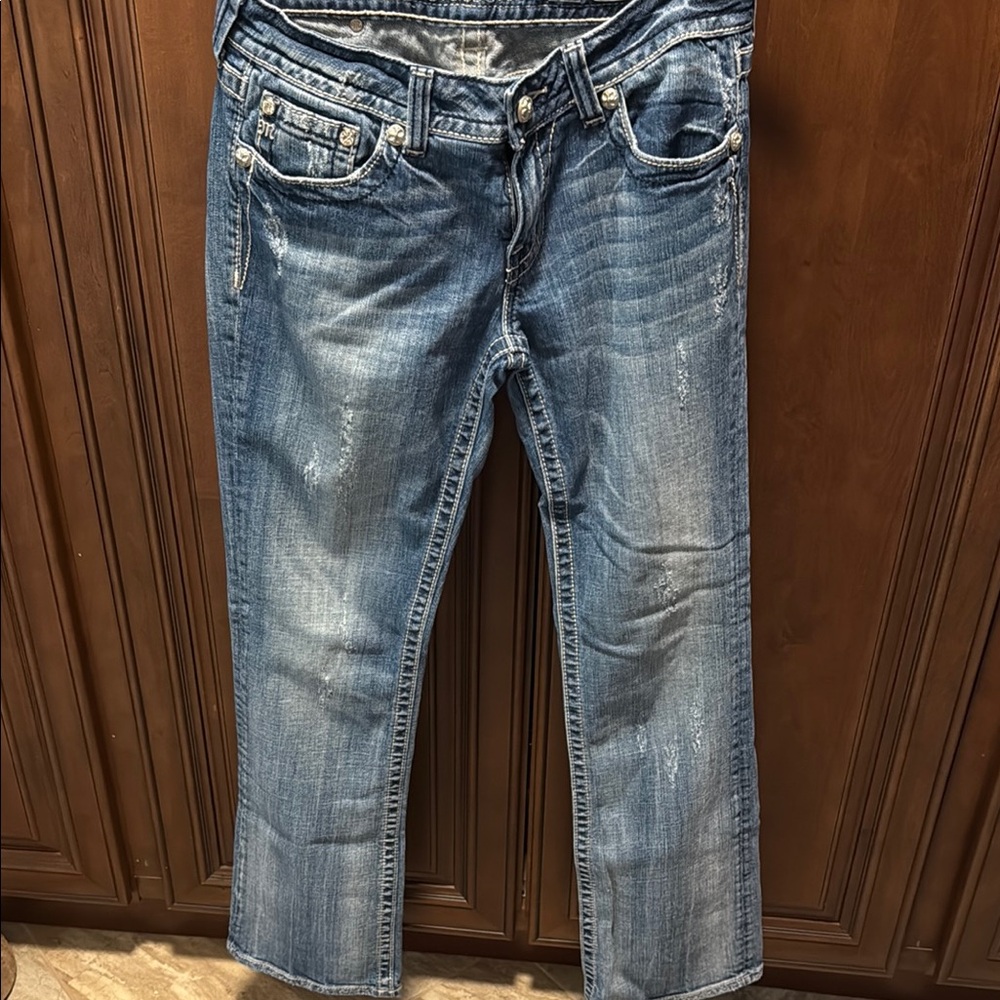 Miss Me Blue Boot Cut Jeans with Distressed Details